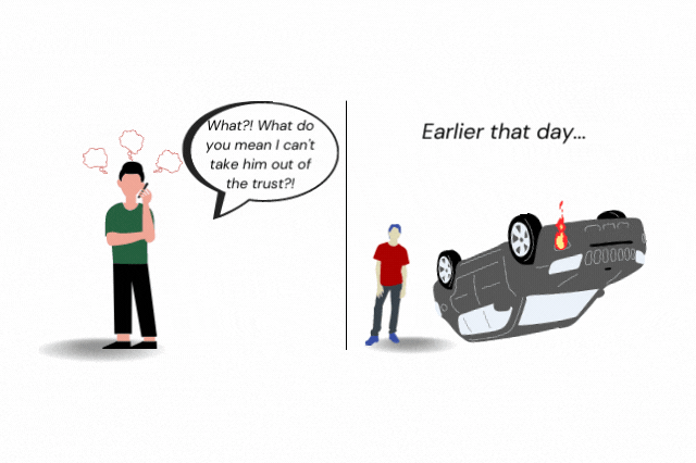 Cartoon of woman trying to remove son from trust after destroying her car