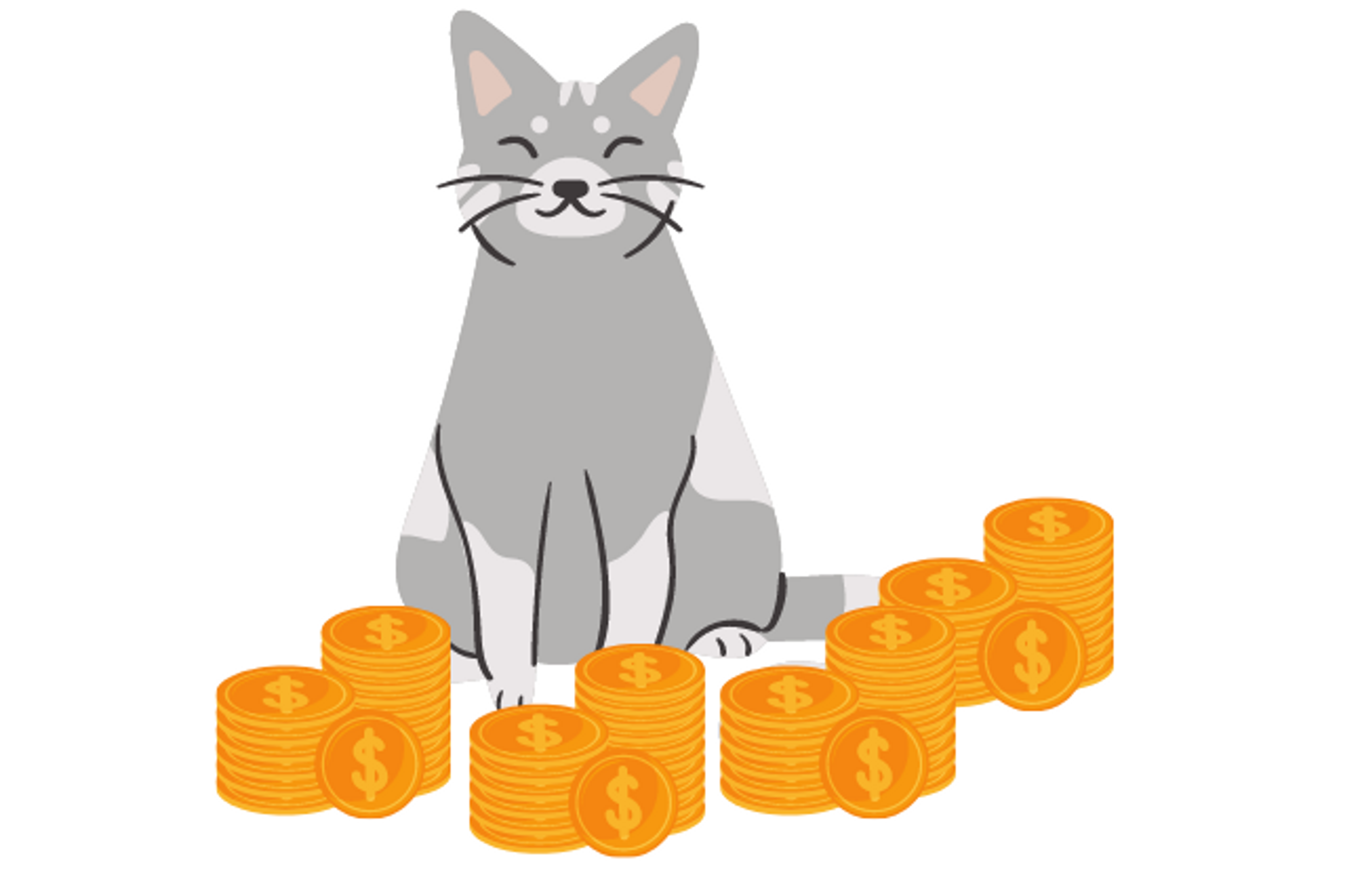 cat surrounded by pile of money
