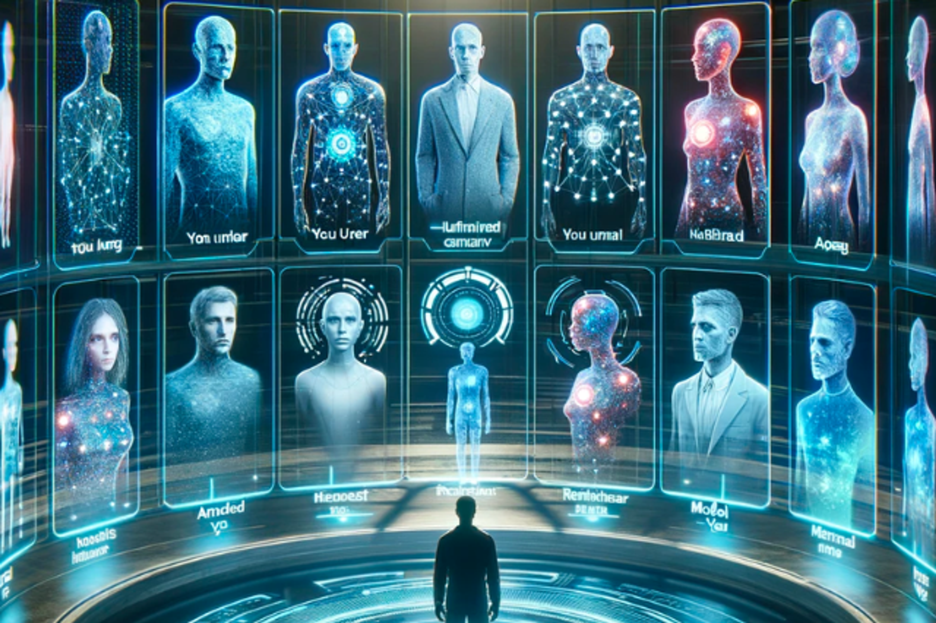 futuristic person interacting with "Council of You" digital replicants; image generated with AI