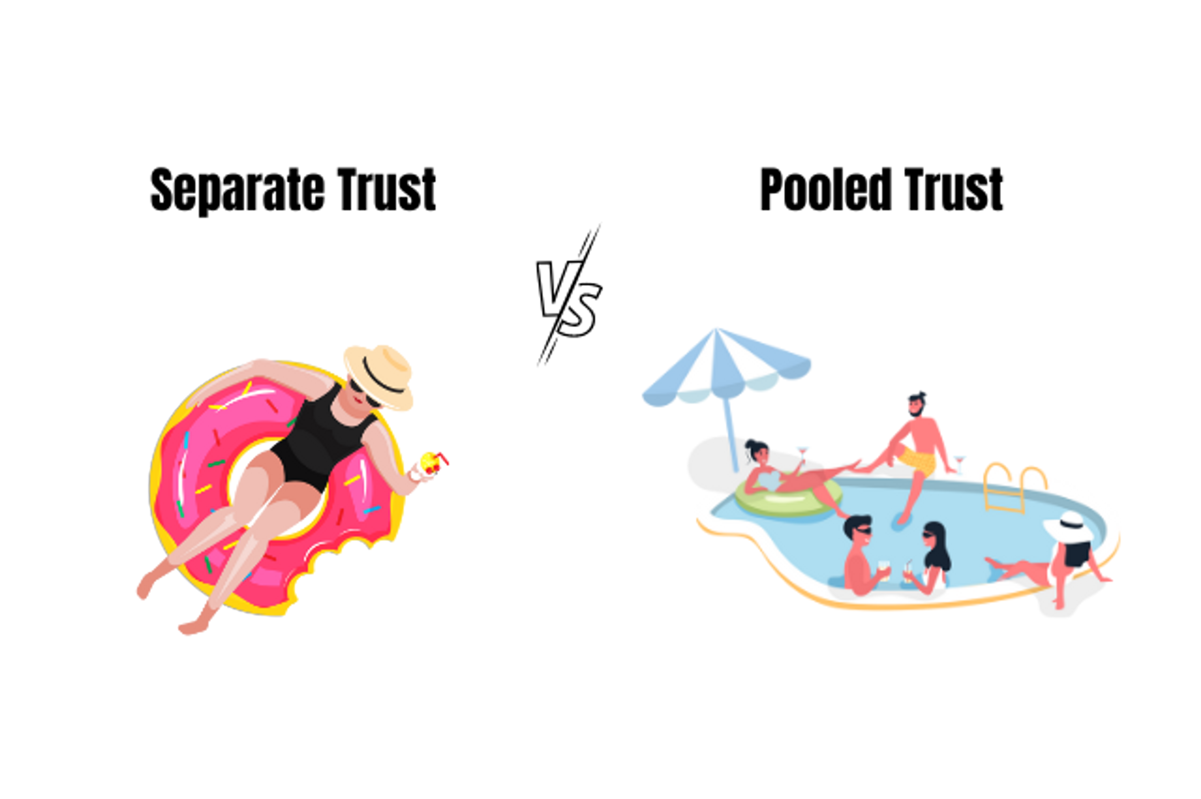 graphic split between individual floating alone on left hand side and a pool party on the right hand side