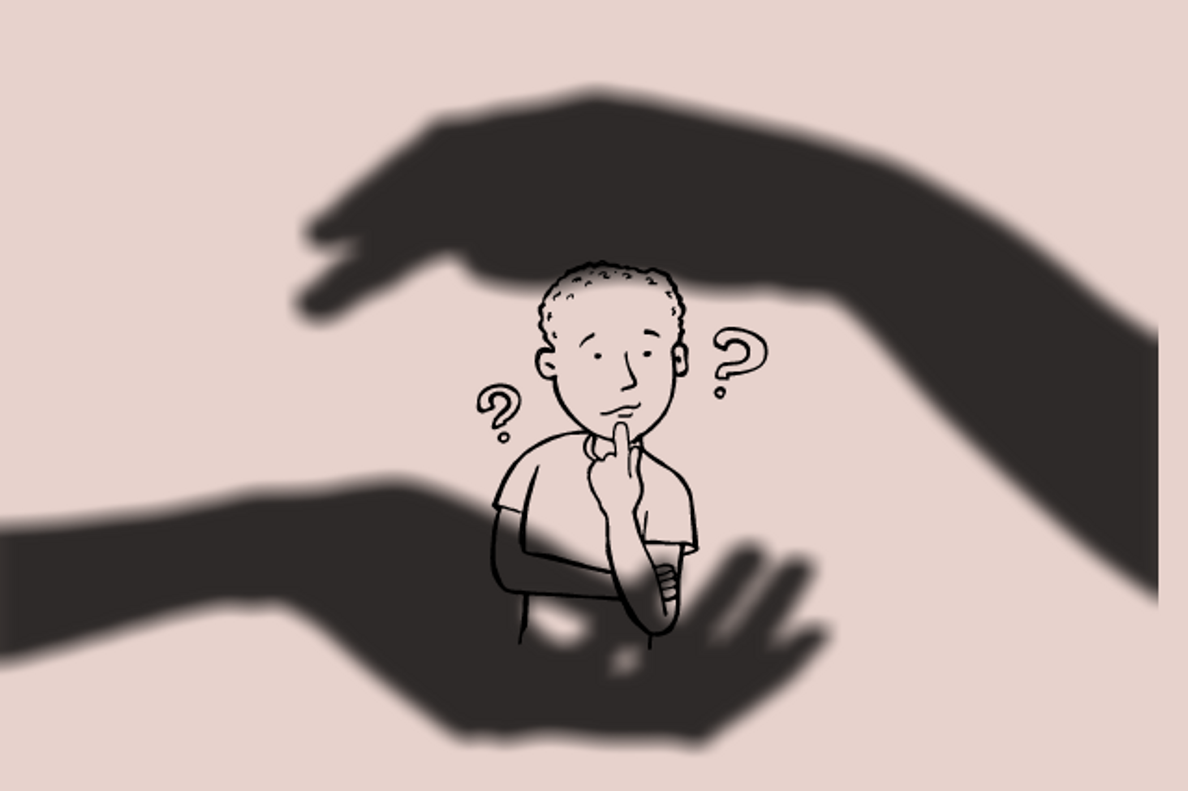 graphic of shadowy hands encircling confused man