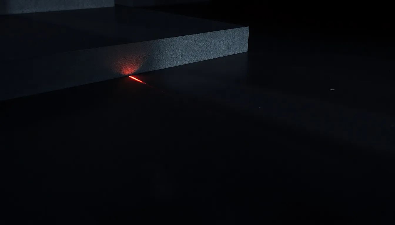 Minimal architectural close-up of a raised stone threshold meeting a dark floor, marked by a single thin glowing red line of light, the rest of the frame in deep charcoal shadow.