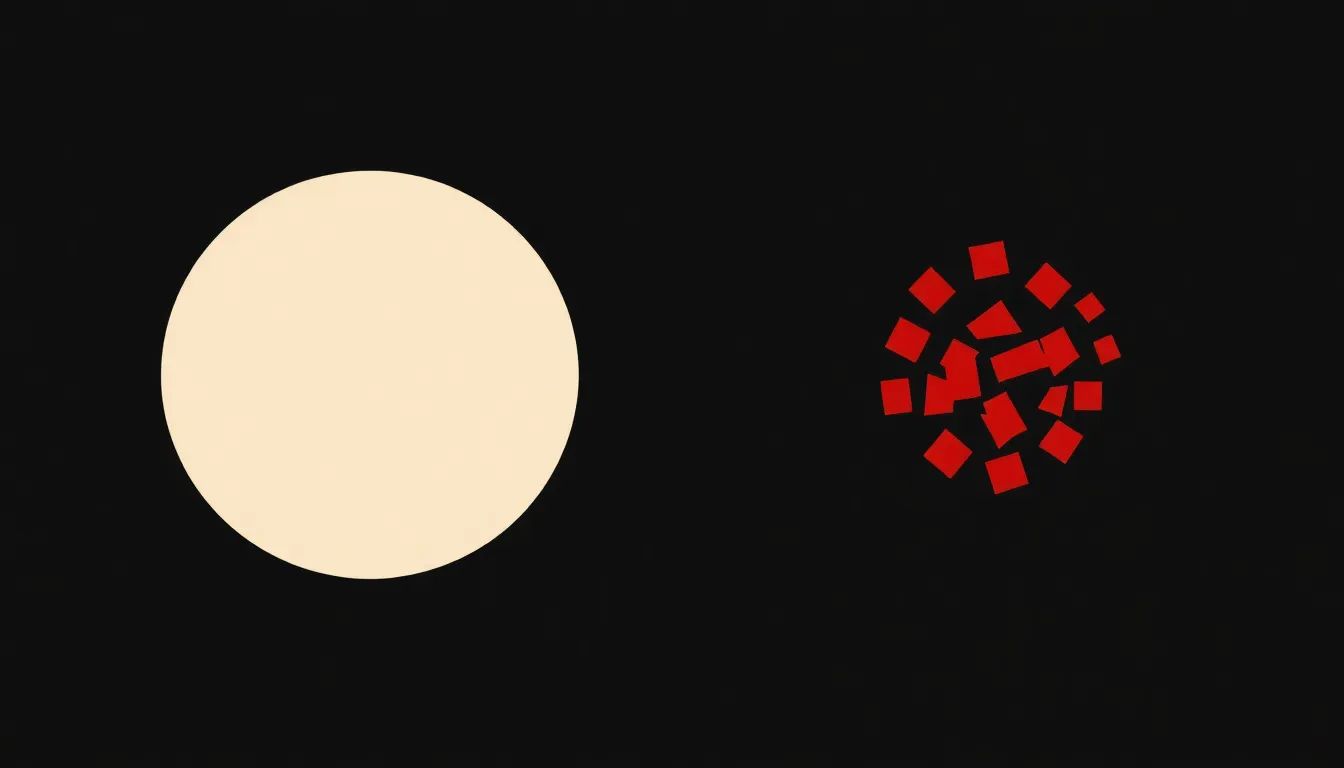Abstract graphic contrasting two states side by side: a single steady off-white circle representing calm attention, beside a scattered cluster of small red angular shapes representing anxious noise.