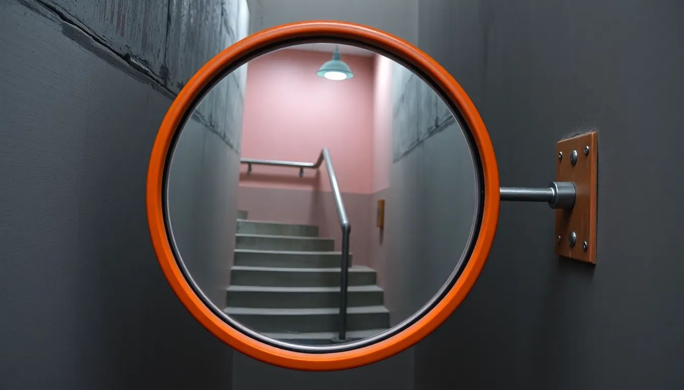 A round orange convex safety mirror mounted at the corner of a concrete stairwell, reflecting the steps, handrail and overhead light of the blind corner beyond.