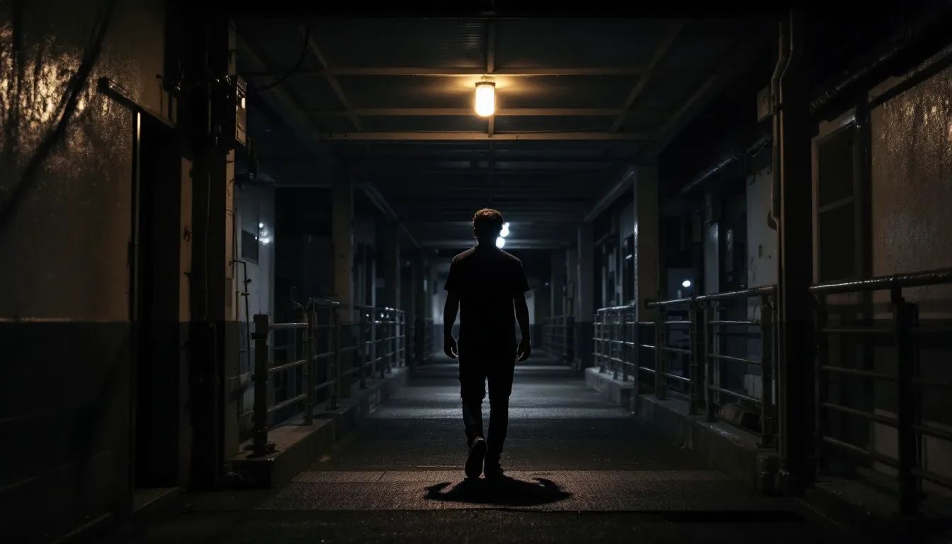 A solo figure walking down a covered Singapore walkway at night, back to the camera.