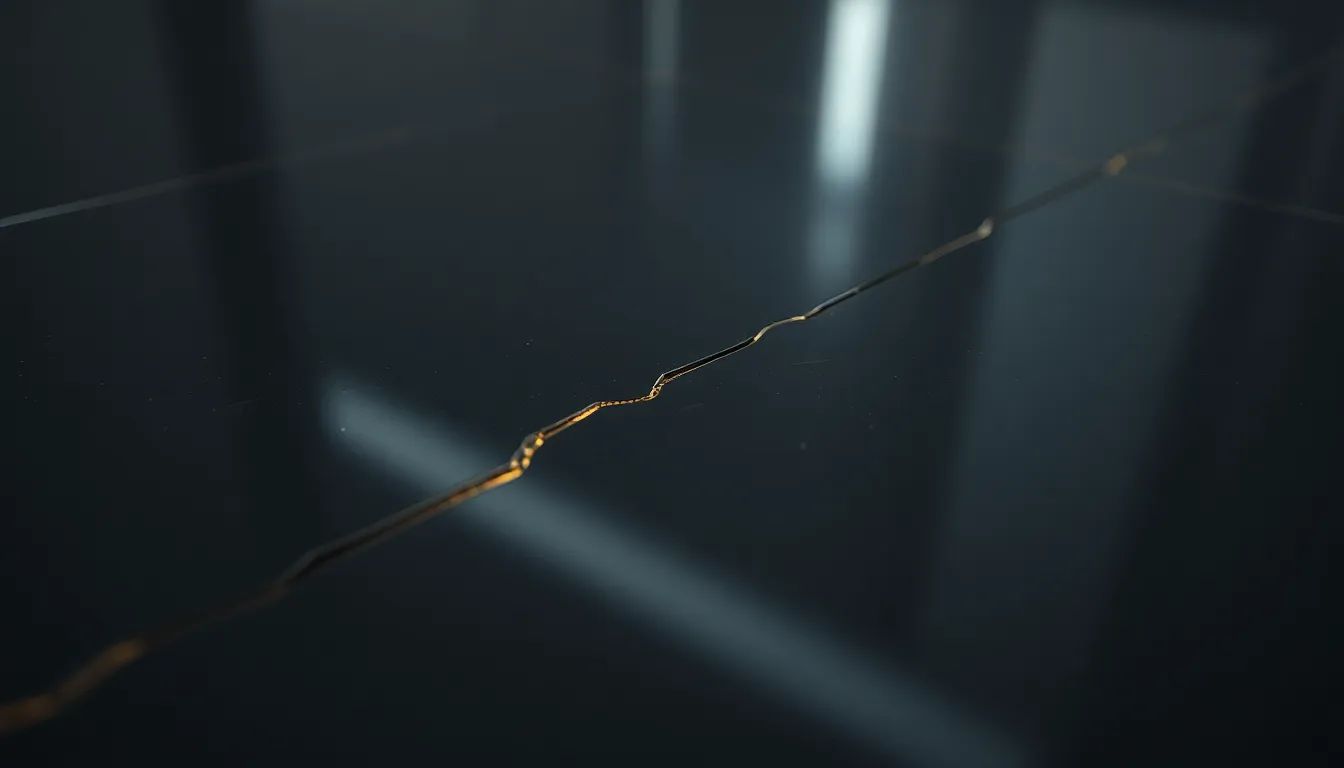 Extreme close-up of a polished dark floor surface, a fine hairline crack catching warm light along its length.