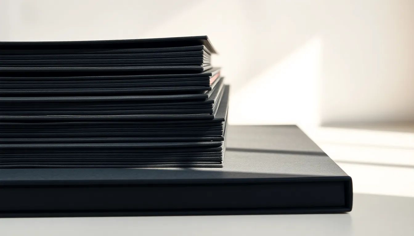 A neat stack of plain, unmarked dark folders on a pale desk, lit by soft side light with a faint red accent glinting at one folder edge.