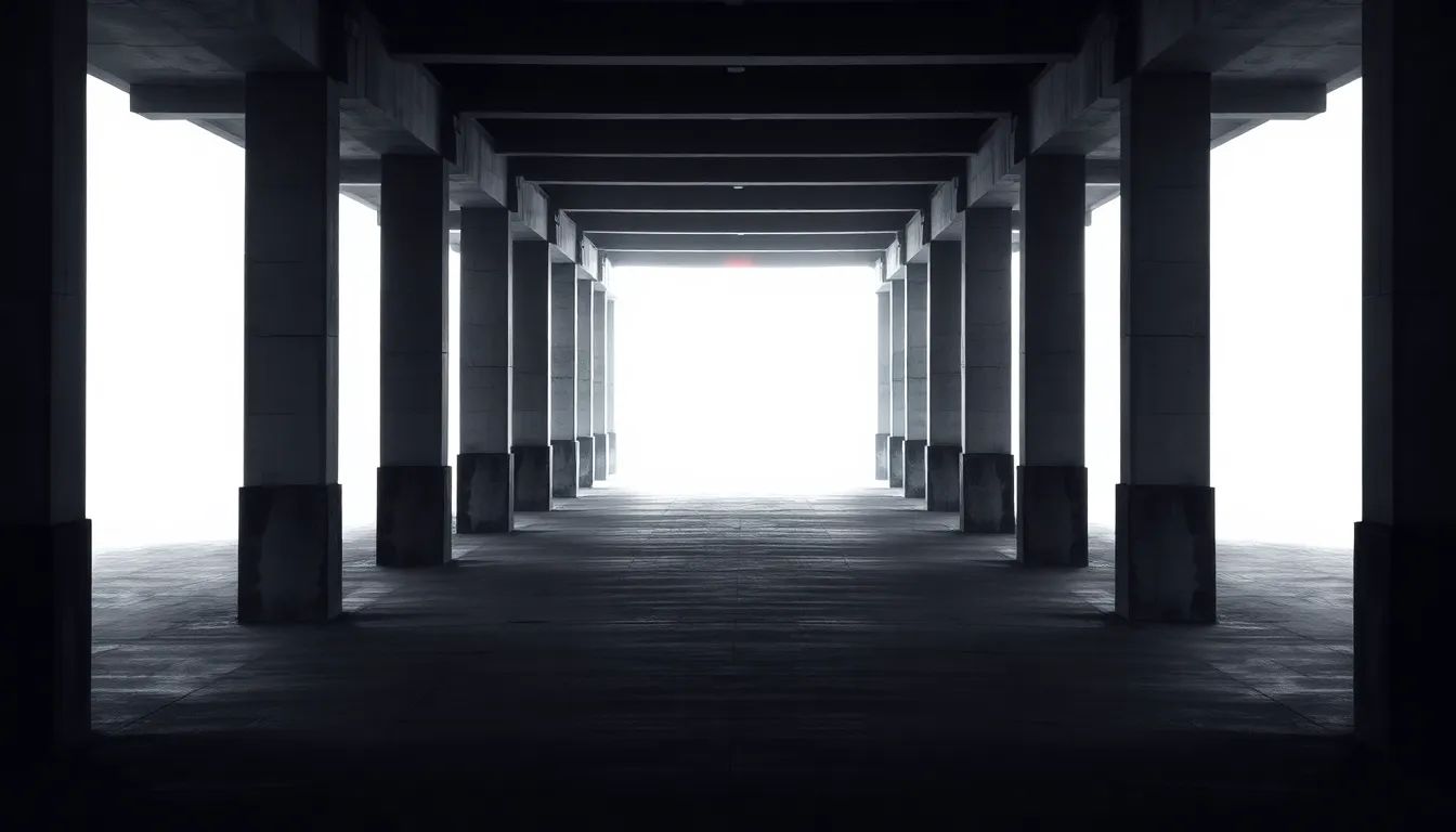 A long covered pedestrian corridor lined with concrete pillars converges in deep charcoal shadow toward a bright vanishing point in the distance, a single small red light glowing at the far end, an abstract study in sightlines and distance.