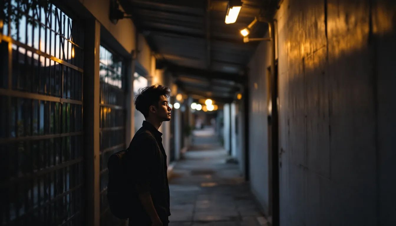 A figure in a covered Singapore walkway in profile, alert posture, eyes up.