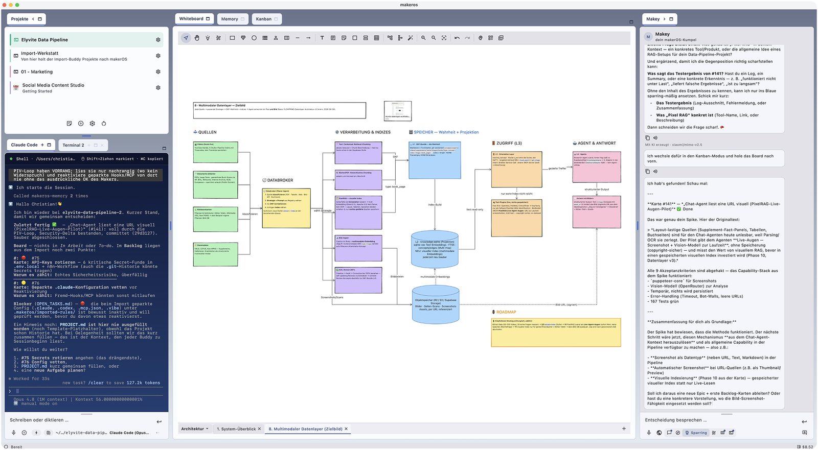 makerOS whiteboard with an architecture diagram and the Makey chat