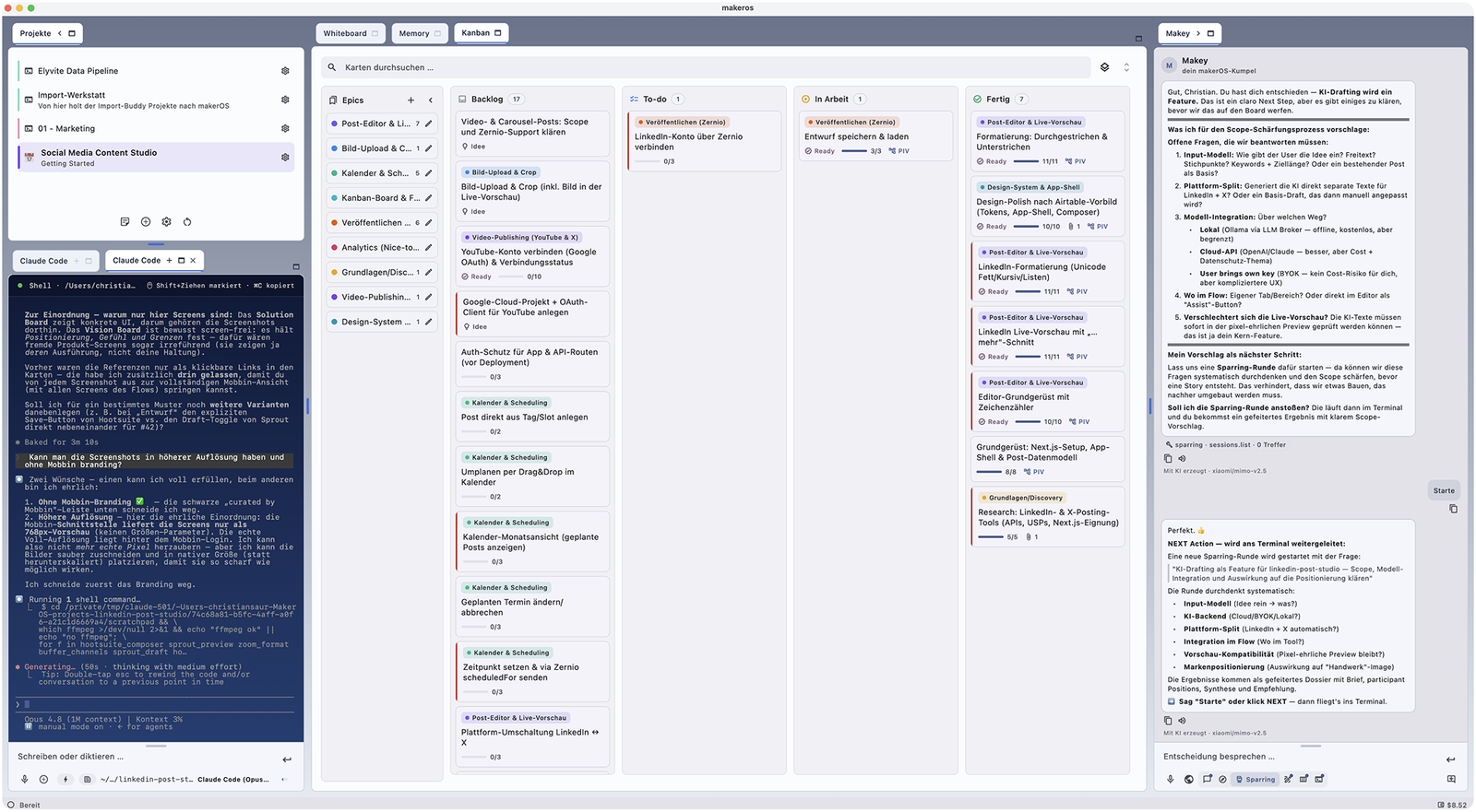 makerOS kanban board with cards and a running Claude Code session
