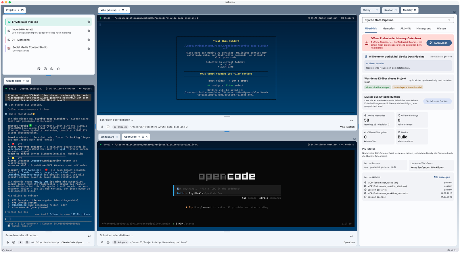 Two AI terminals in makerOS: Claude Code and Codex CLI