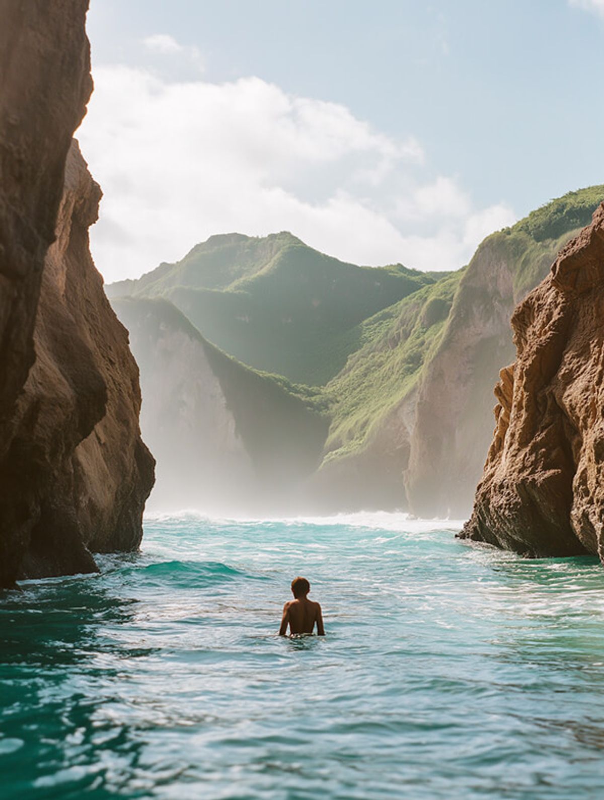 A swimmer in a sea cove