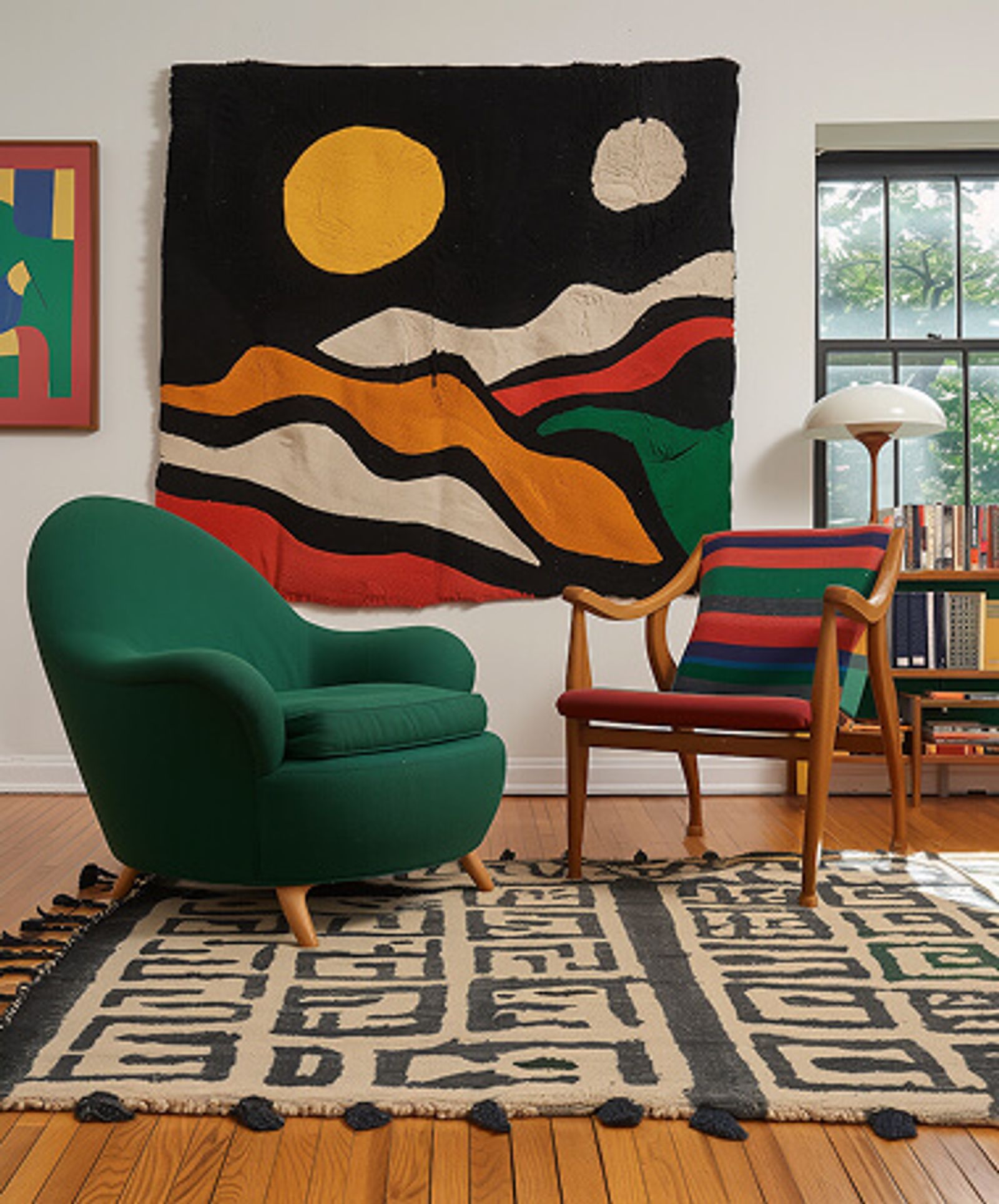 A Lisbon living room with a woven wall hanging