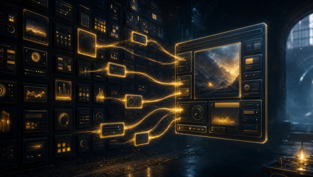 Cover: glowing interface components pulled from a registry wall into an assembled layout