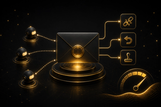 Three agents auditing a mailing stack, gold on charcoal studio still