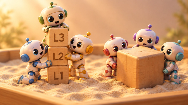 Six toy robots in a sandbox stacking three blocks labelled L1 L2 L3 beside one oversized block