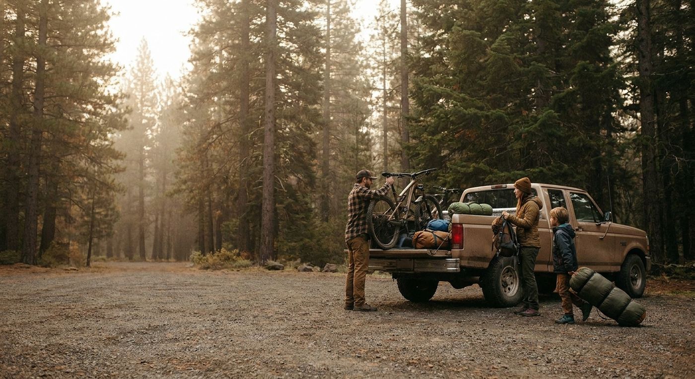 A family unloading bikes and camping gear from a truck at a trailhead in early morning light