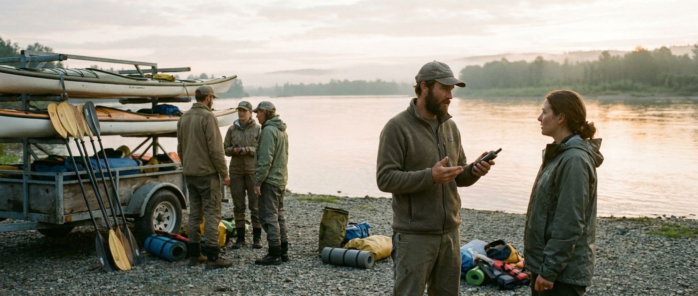 An outfitter checking guests in beside loaded equipment before a trip, away from any conventional checkout counter