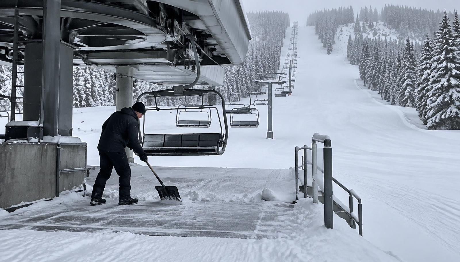 Early morning at a large ski resort: a lift operator in a dark jacket shovels fresh snow off a chairlift loading ramp while empty chairs hang on the cable and a groomed run climbs between snow-loaded evergreens in light snowfall.