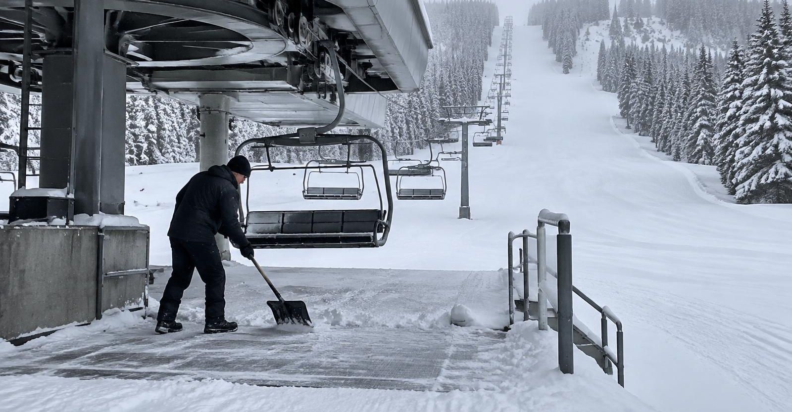 Early morning at a large ski resort: a lift operator in a dark jacket shovels fresh snow off a chairlift loading ramp while empty chairs hang on the cable and a groomed run climbs between snow-loaded evergreens in light snowfall.