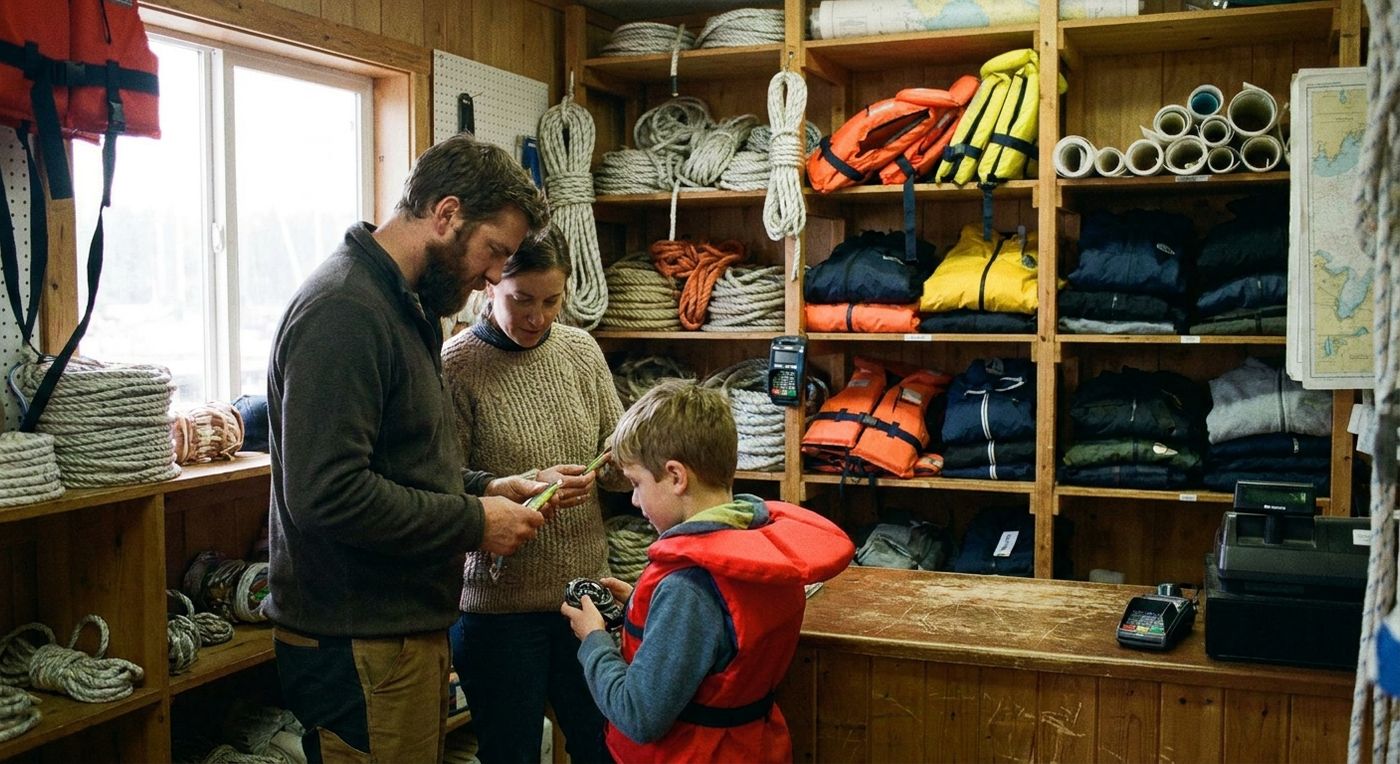 A family shopping in a marina chandlery filled with boating supplies and apparel