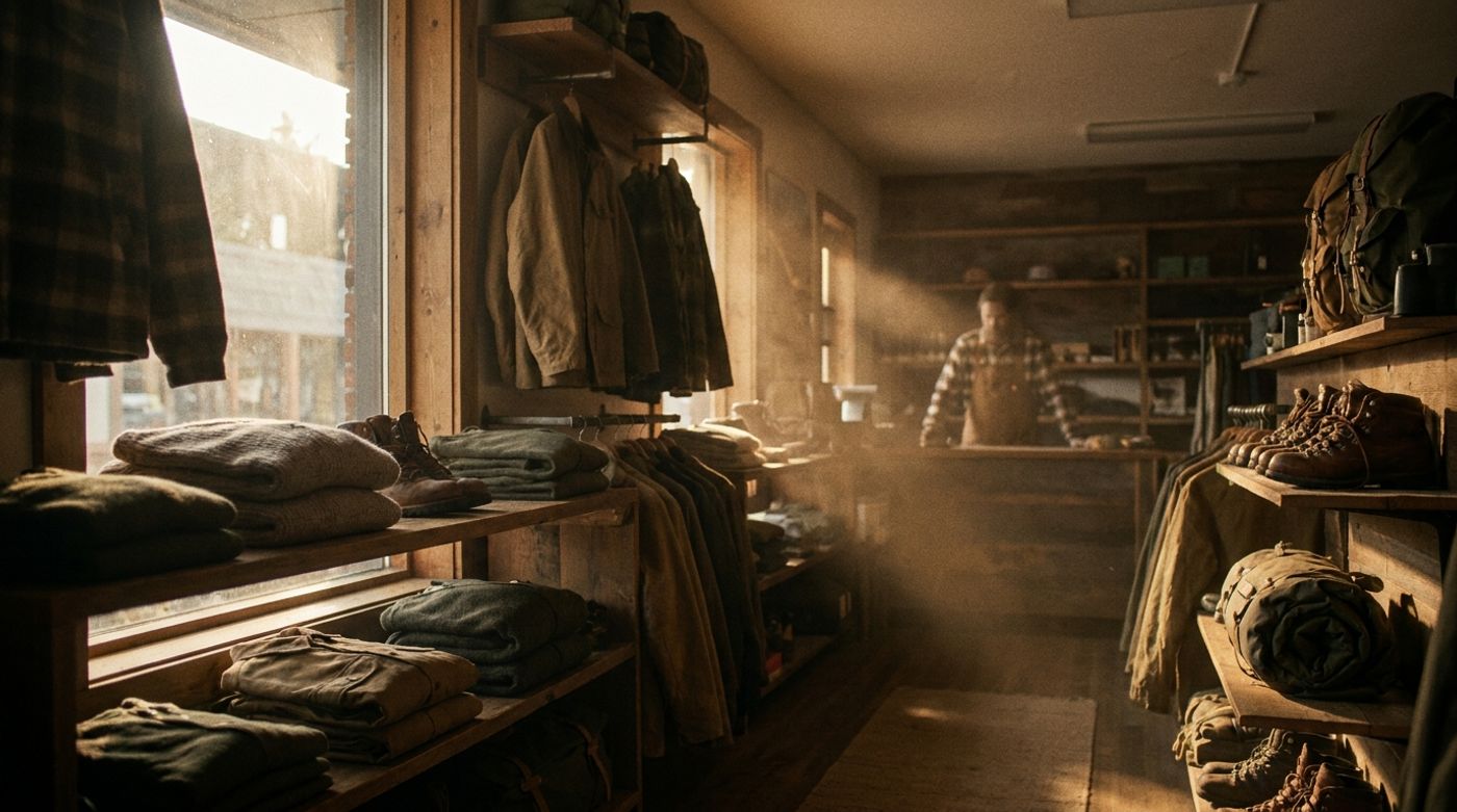Interior of an independent outdoor shop in warm afternoon light