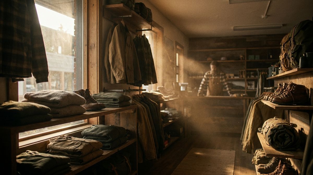 Interior of an independent outdoor shop in warm afternoon light