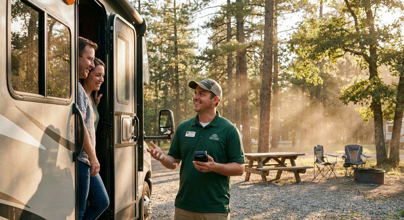 A campground employee assisting guests during mobile check-in outside their RV with a handheld payment terminal