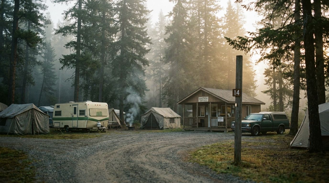 Misty early morning at a working forest campground, with canvas tents, an older travel trailer, a wooden campground office and a site-number post along a gravel loop