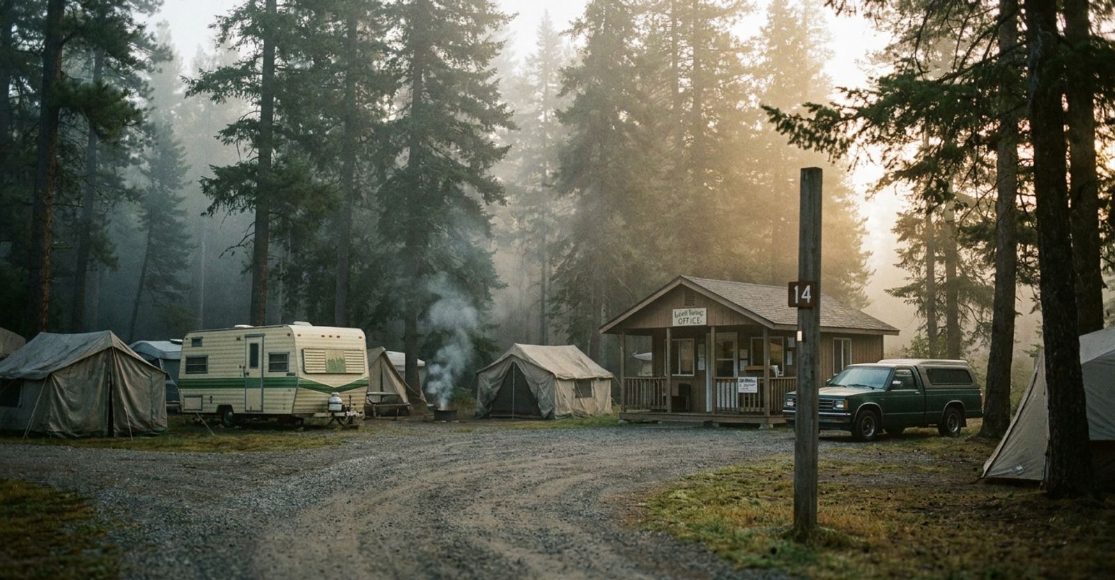 Misty early morning at a working forest campground, with canvas tents, an older travel trailer, a wooden campground office and a site-number post along a gravel loop