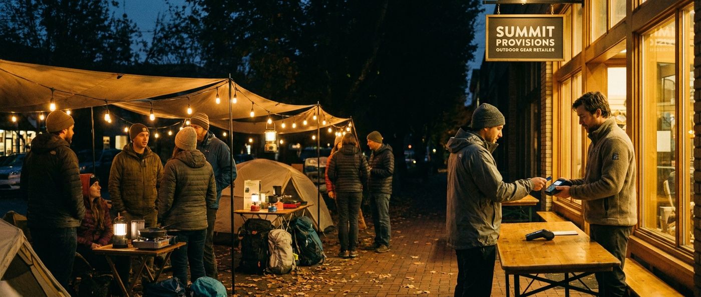 An outdoor retailer hosting an evening community event with customers browsing gear and paying on a mobile terminal