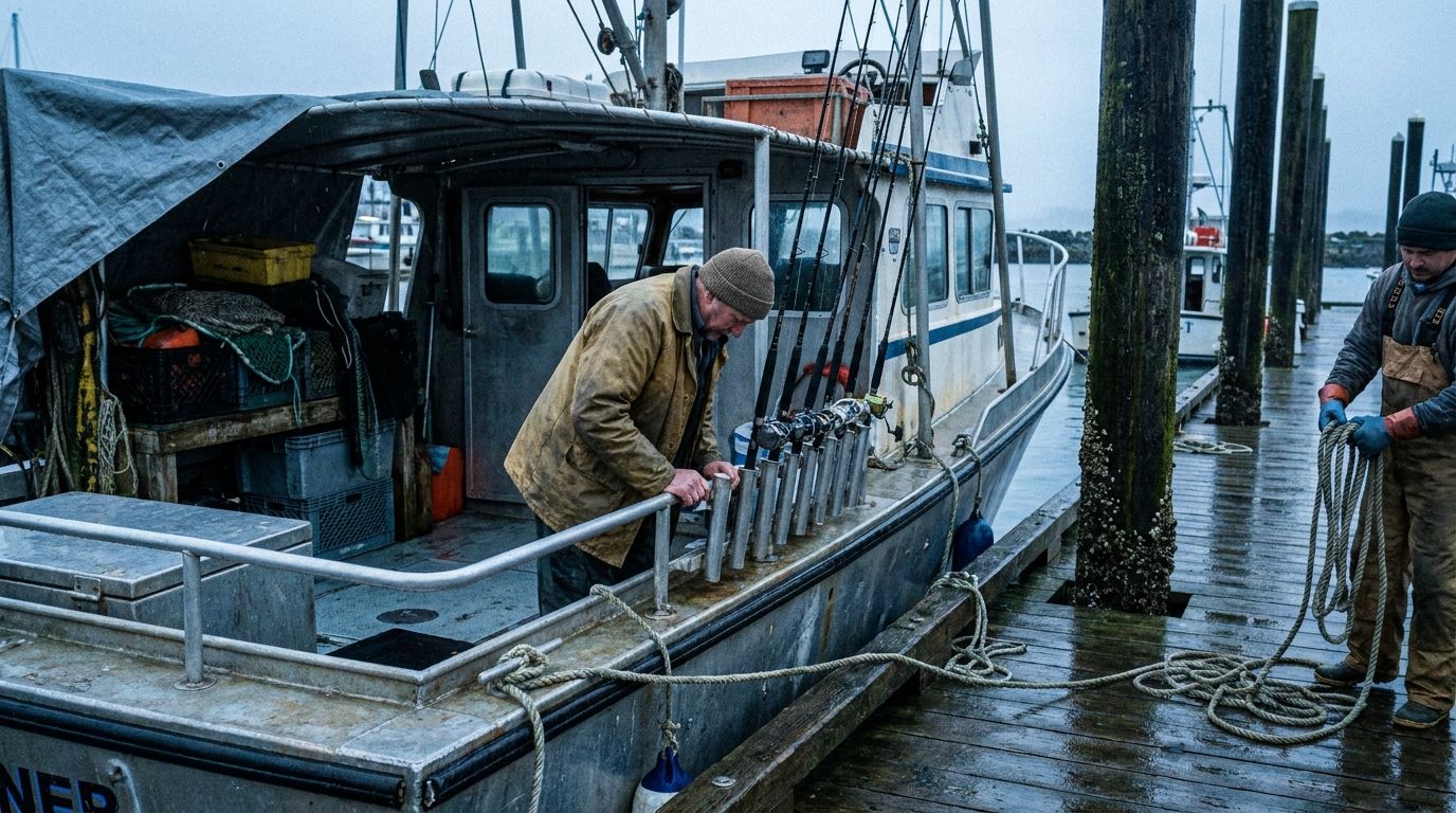 A charter captain checks fishing rods in the rod holders on the aft deck of a boat tied at a wooden dock on an overcast morning, with crew coiling lines nearby.