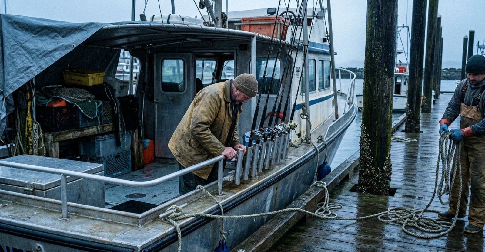 A charter captain checks fishing rods in the rod holders on the aft deck of a boat tied at a wooden dock on an overcast morning, with crew coiling lines nearby.