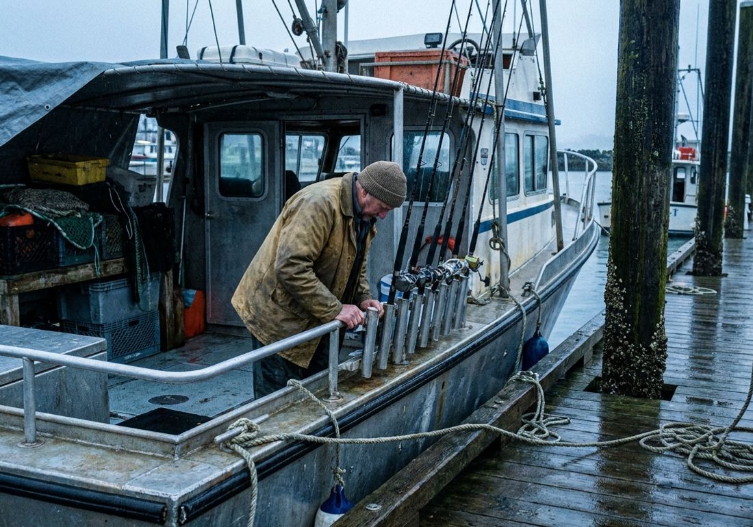 A charter captain checks fishing rods in the rod holders on the aft deck of a boat tied at a wooden dock on an overcast morning, with crew coiling lines nearby.
