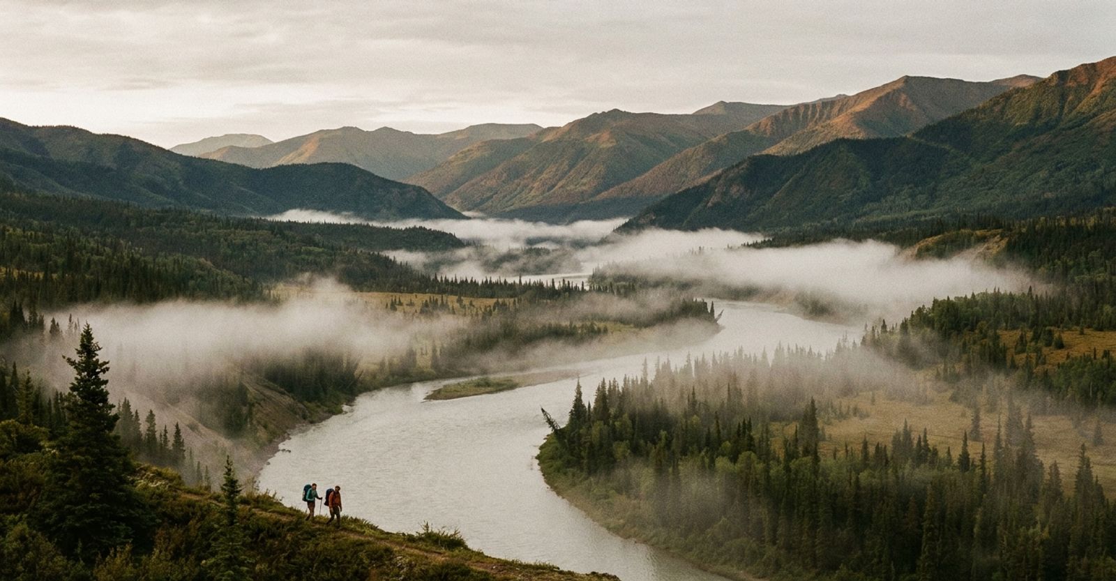 Two backpackers on a ridge above a wide river valley, low cloud drifting between forested mountains