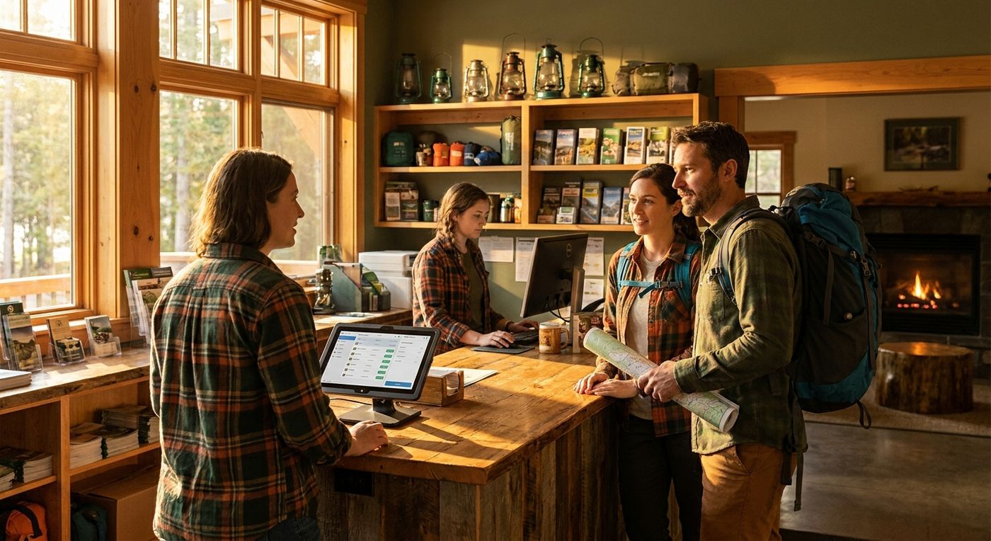 Campground office staff checking in guests using a modern POS system integrated with reservations