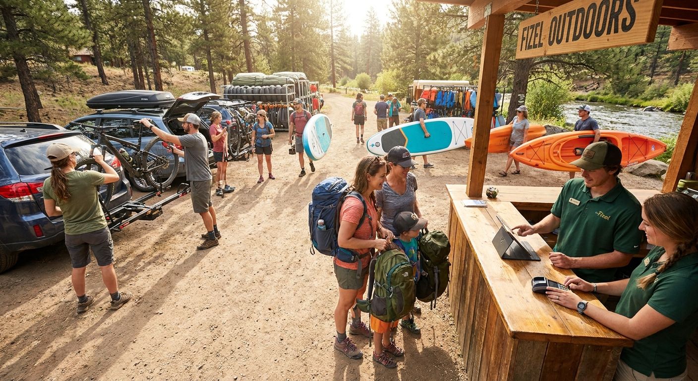 Customers collecting mountain bikes, kayaks and paddleboards at a busy outdoor equipment rental shop on a sunny morning