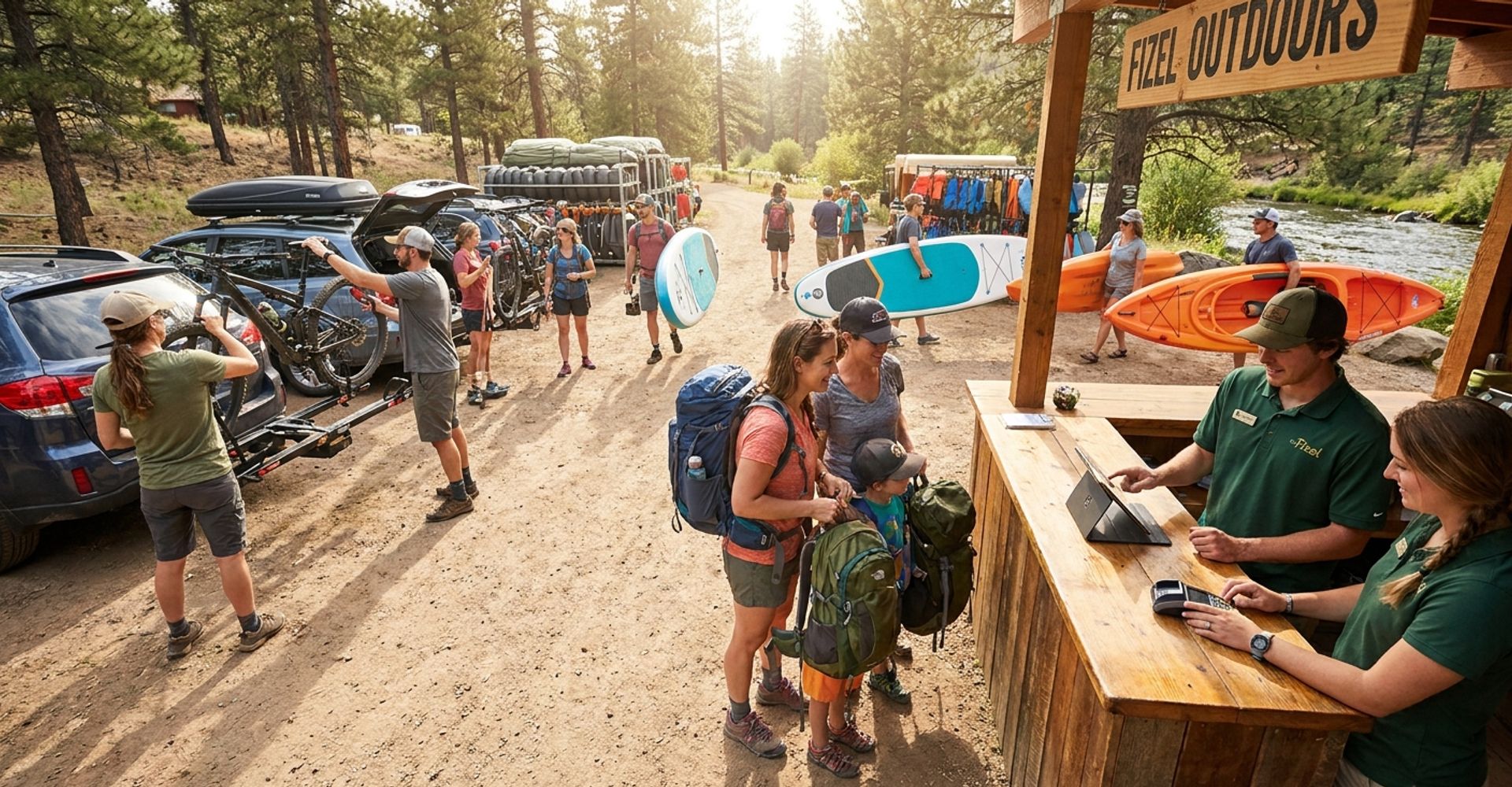 Customers collecting mountain bikes, kayaks and paddleboards at a busy outdoor equipment rental shop on a sunny morning