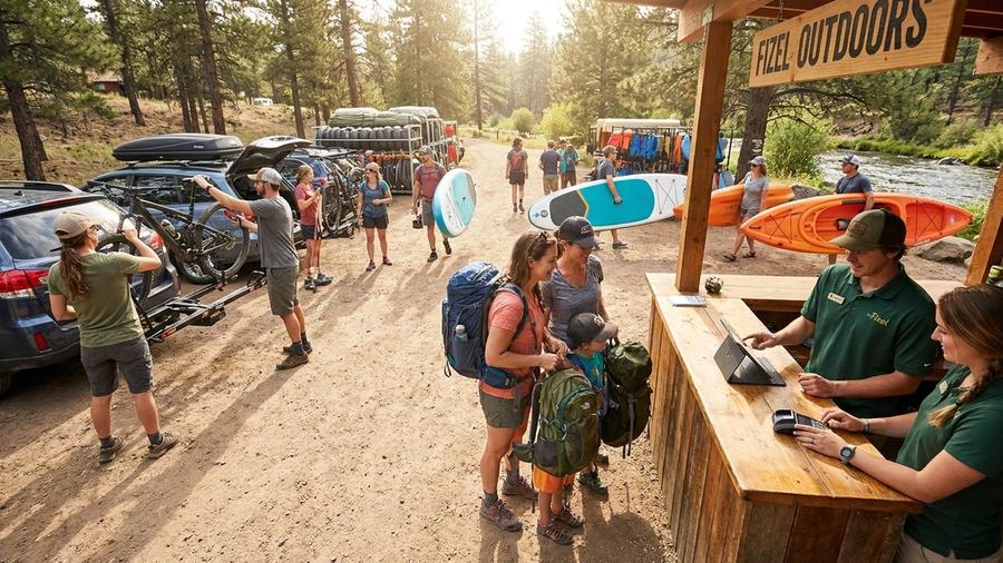 Customers collecting mountain bikes, kayaks and paddleboards at a busy outdoor equipment rental shop on a sunny morning