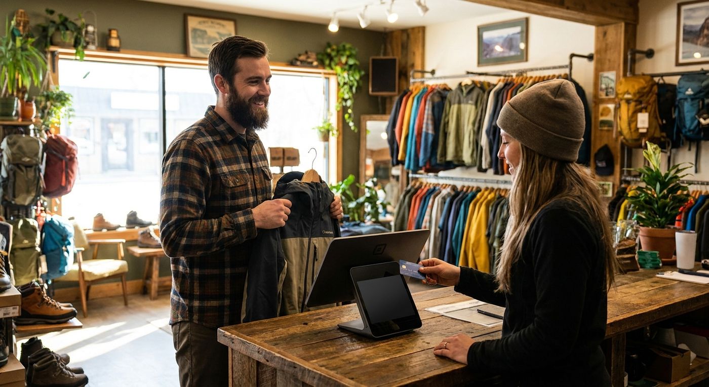 An outdoor retailer helping a customer complete a purchase with a modern payment terminal