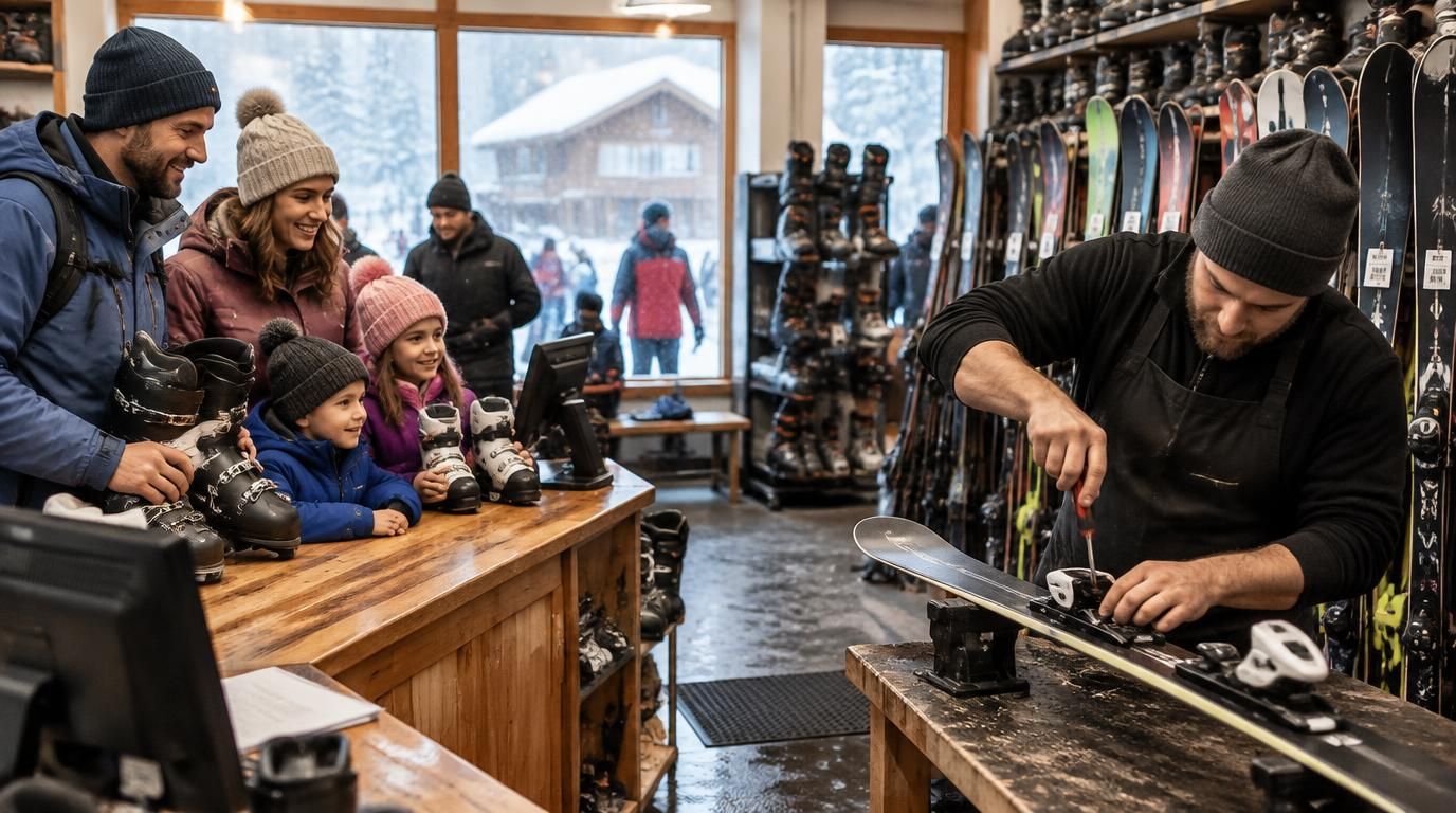 A rental technician adjusts a ski binding at a workbench while a family holding ski boots waits at the counter of a busy ski rental shop, with racks of tagged rental skis and snowboards and snow falling outside.