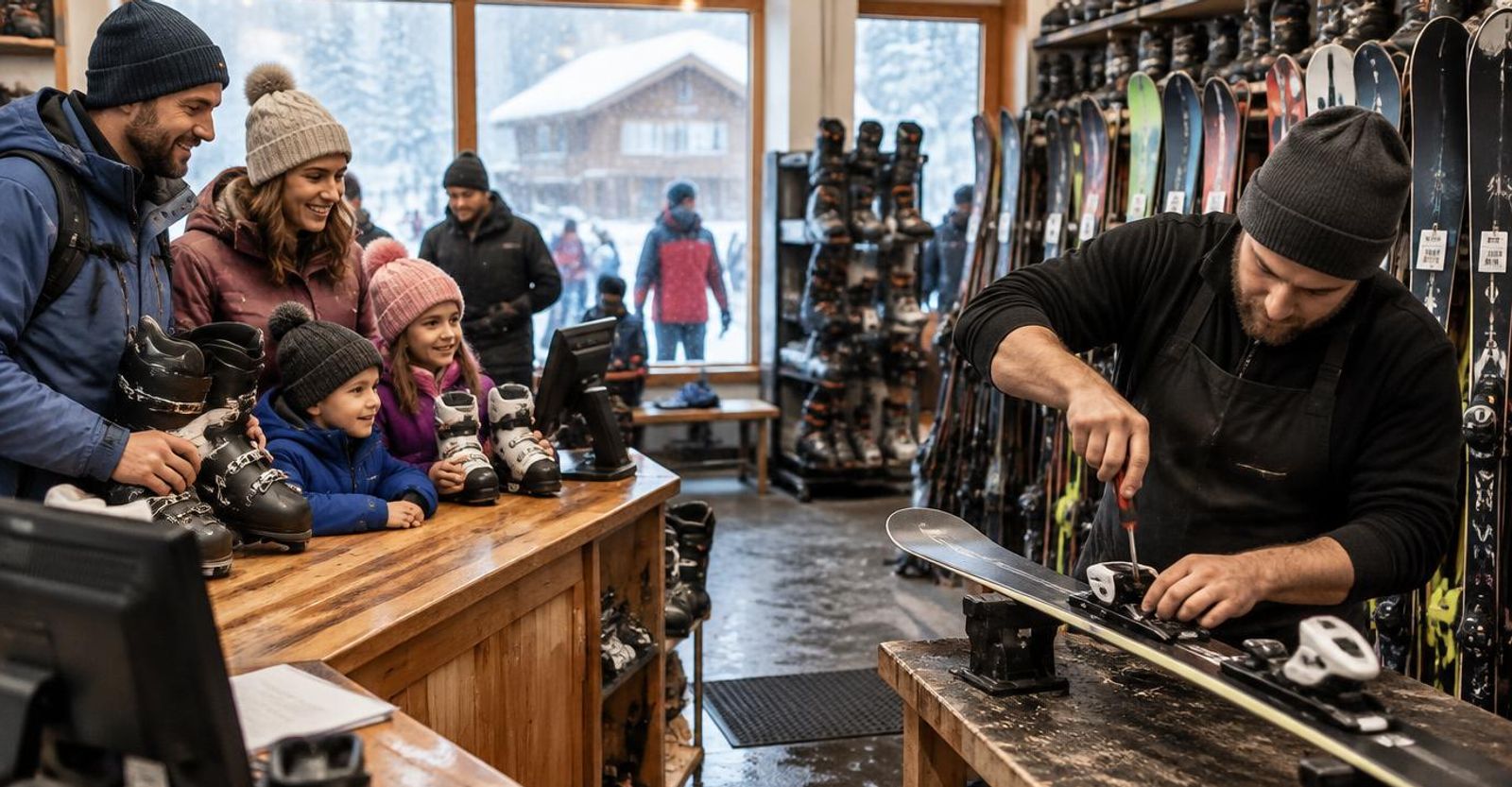 A rental technician adjusts a ski binding at a workbench while a family holding ski boots waits at the counter of a busy ski rental shop, with racks of tagged rental skis and snowboards and snow falling outside.