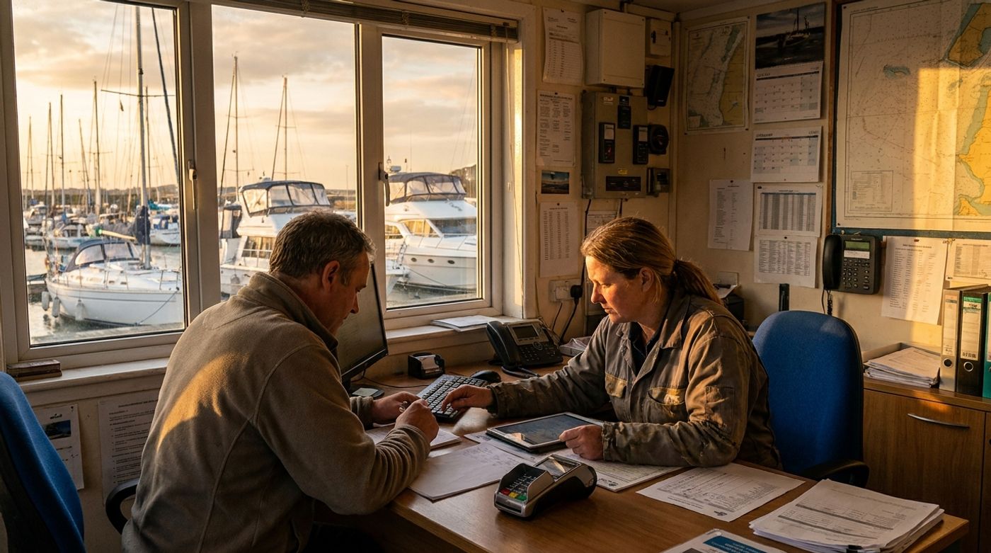 A marina office where staff reconcile the day's transactions using modern payment software
