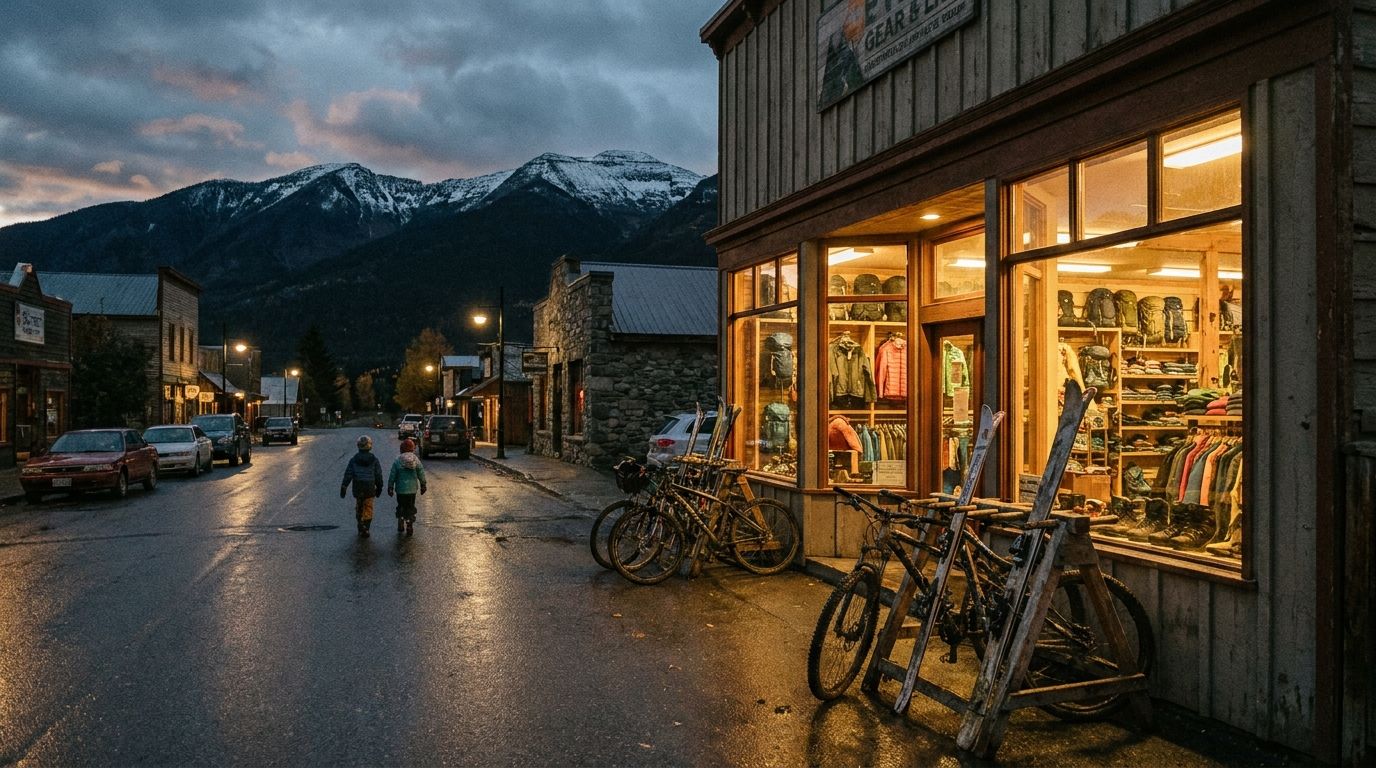 A mountain-town outdoor shop at dusk in shoulder season, bikes and skis outside as the first snow dusts the peaks behind town