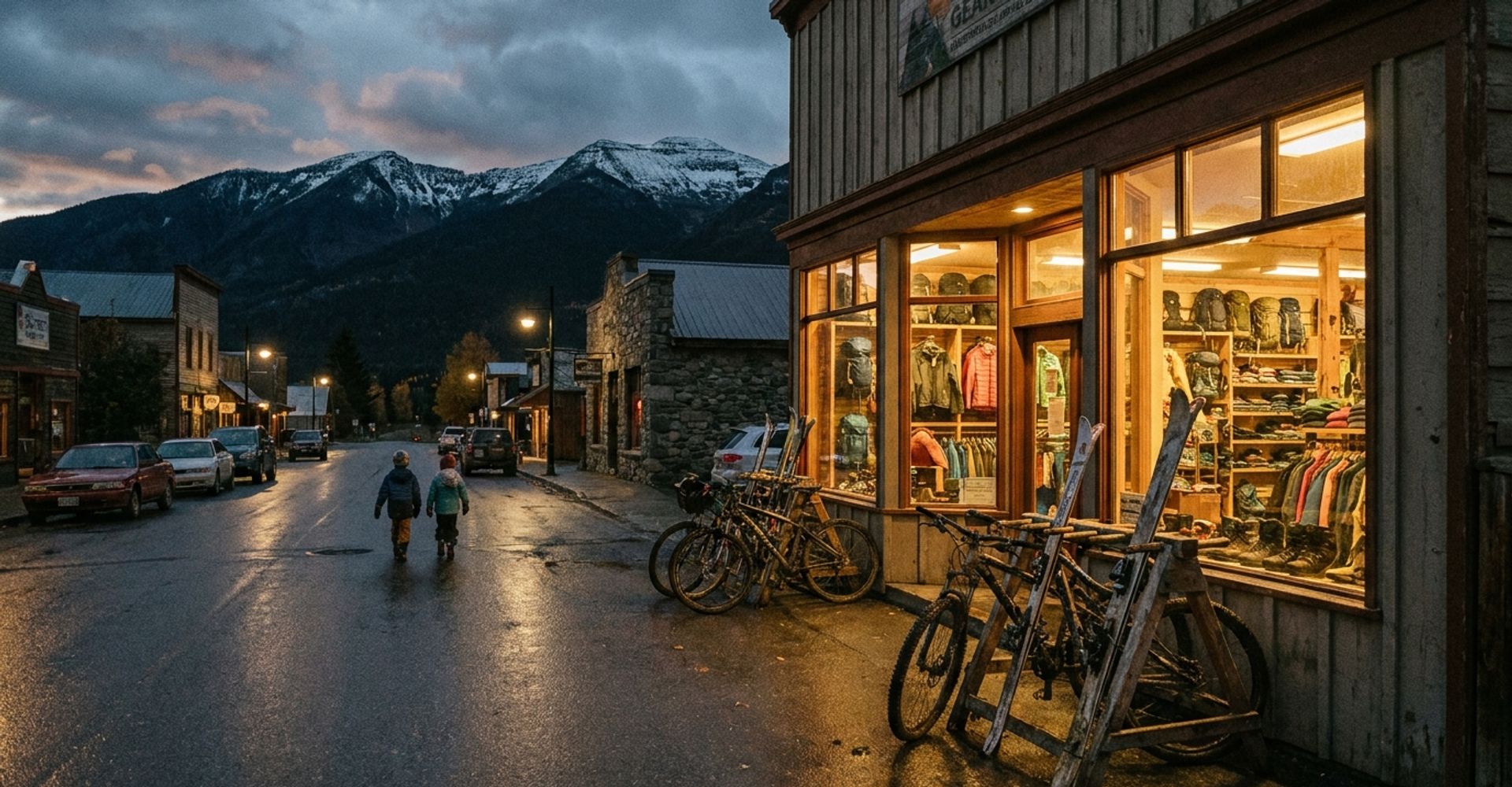A mountain-town outdoor shop at dusk in shoulder season, bikes and skis outside as the first snow dusts the peaks behind town
