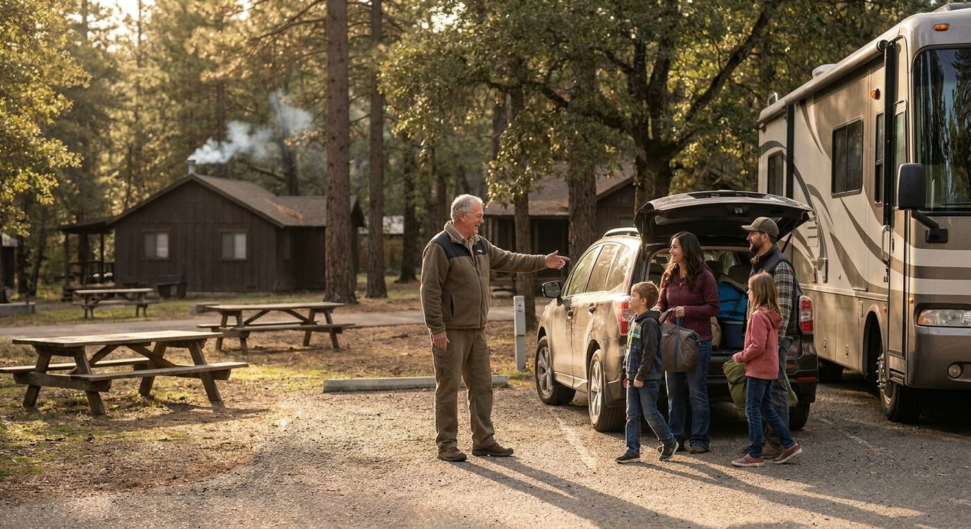 A campground host checks in a family beside their RV at a wooded site in late afternoon light, with cabins and picnic tables in the background