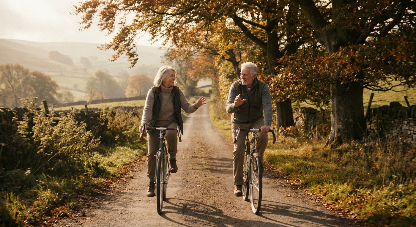 Two older adults in cycling clothing ride gravel bikes along a quiet rural road on a bright autumn morning, smiling as they talk