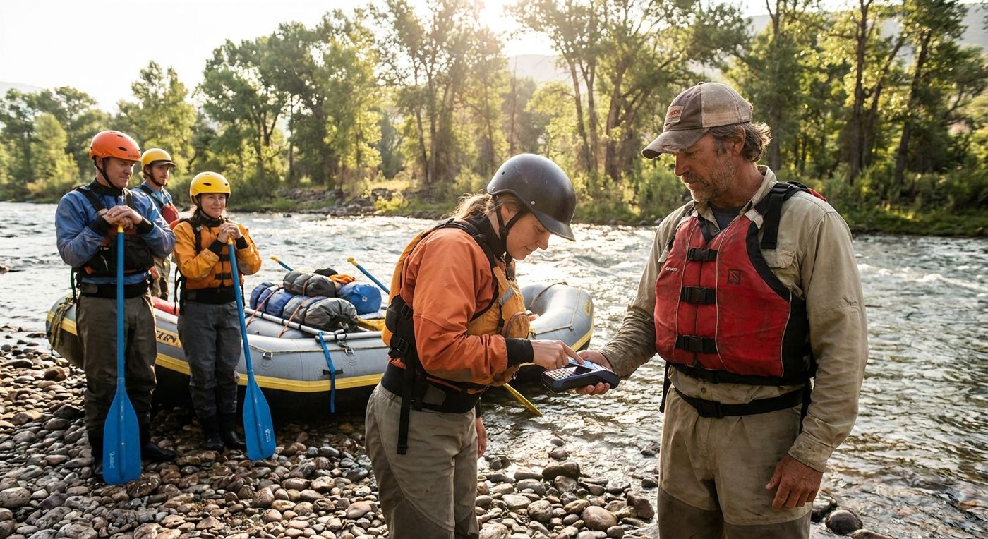 A rafting guide checking in guests beside the river before launching