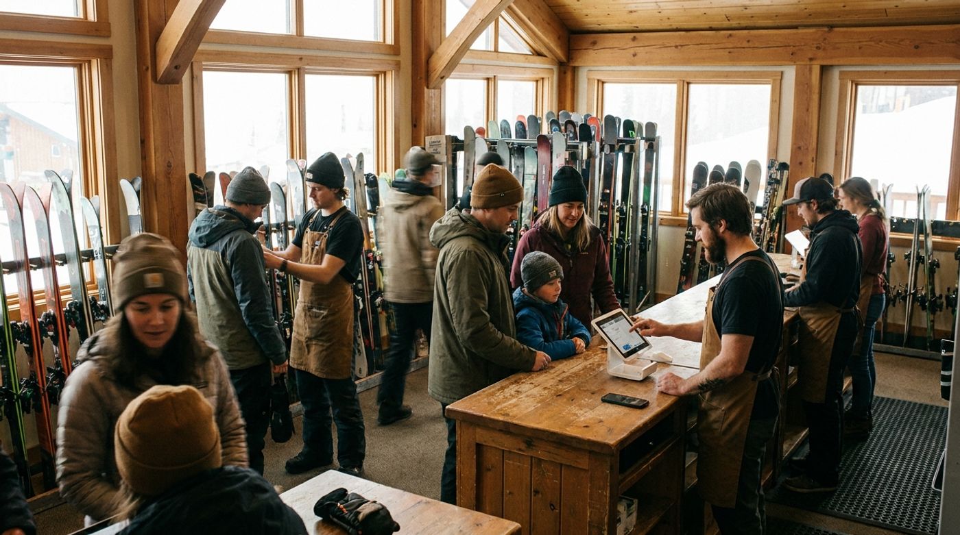 Resort staff completing a ski and snowboard rental transaction on an integrated point of sale system